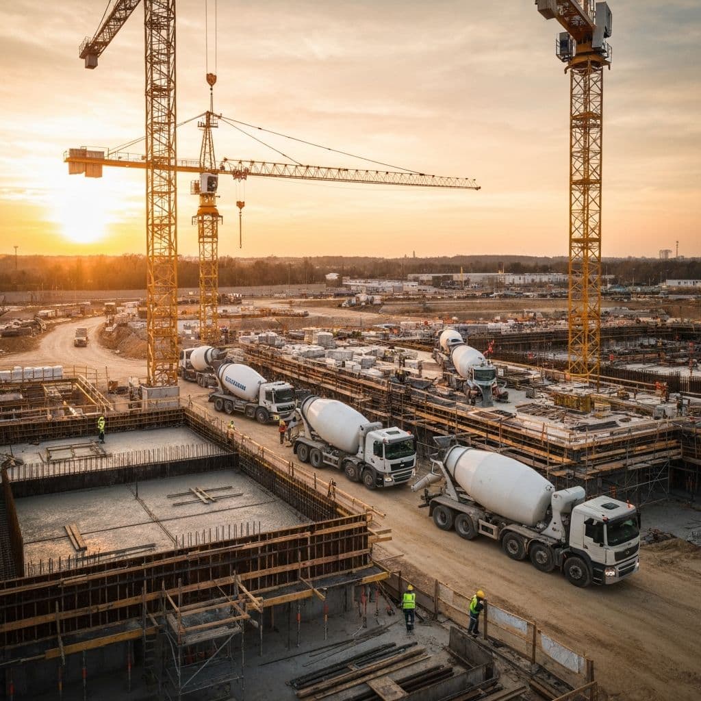Canteiro de obras com caminhões betoneira
